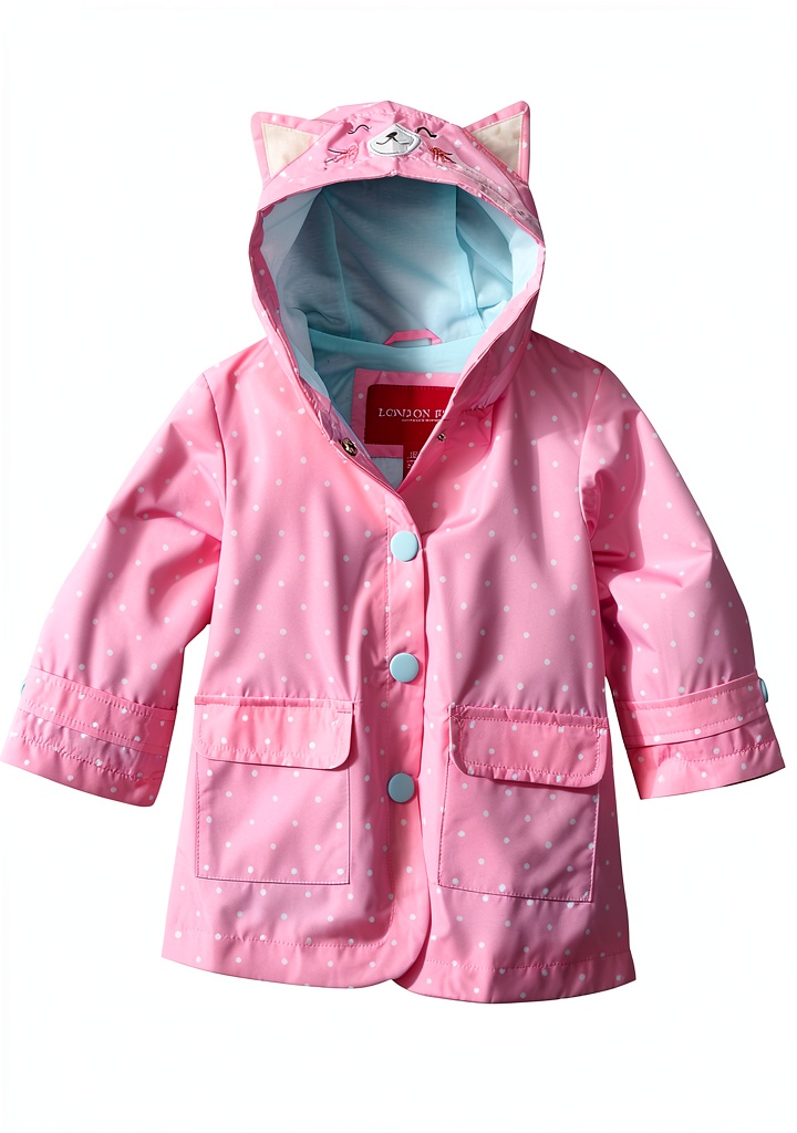 Little girl wearing London Fog Unicorn Raincoat playing in a rain puddle