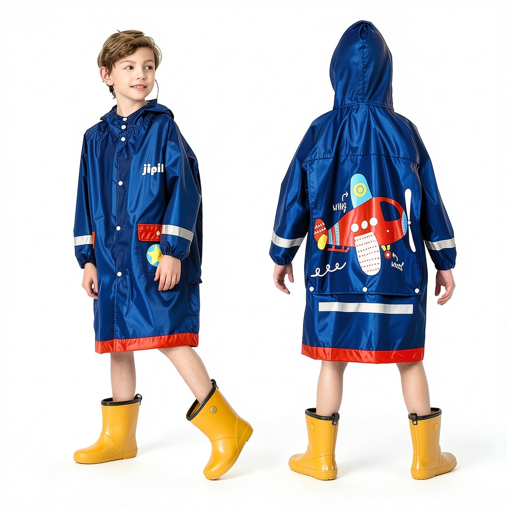 Child wearing Pavo raincoat on a rainy playground