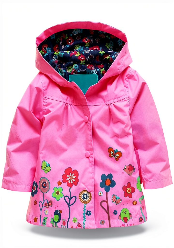 Pink polyester raincoat with floral design on a toddler playing in rain